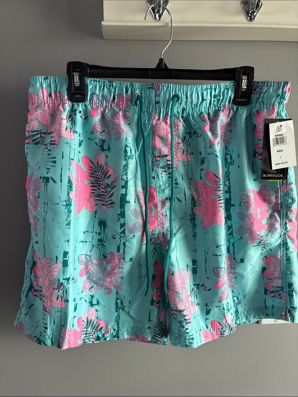 burnside Aqua and Pink Floral Swim Shorts